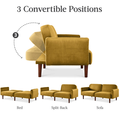 Curved Convertible Futon, Velvet Fabric Split-Back Sleeper Bed