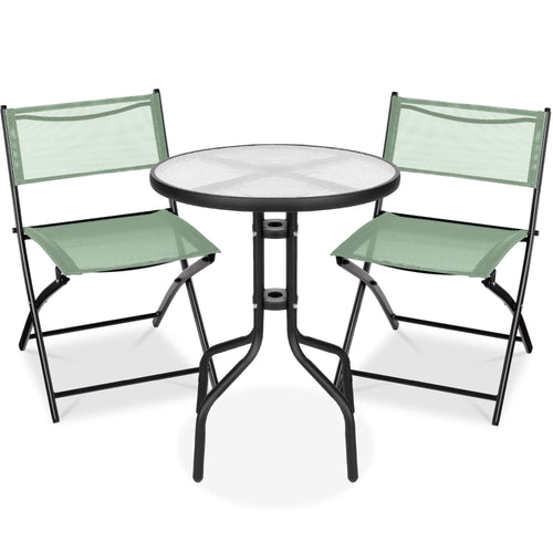 3-Piece Bistro Set w/ Glass Table, 2 Foldable Chairs