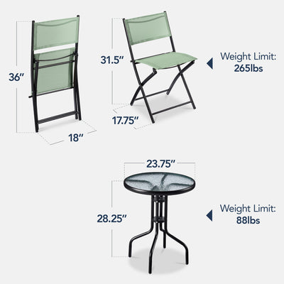 3-Piece Bistro Set w/ Glass Table, 2 Foldable Chairs