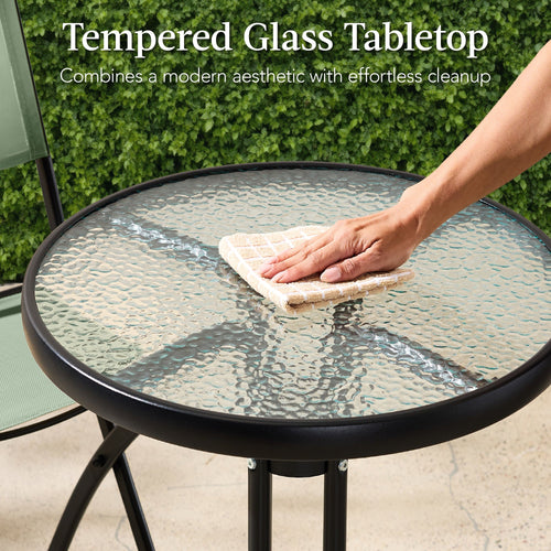 3-Piece Bistro Set w/ Glass Table, 2 Foldable Chairs