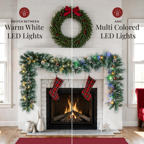 9ft Pre-Lit Christmas Garland w/ 50 Lights, Pine Cones, Berries
