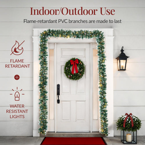 9ft Pre-Lit Christmas Garland w/ 50 Lights, Pine Cones, Berries
