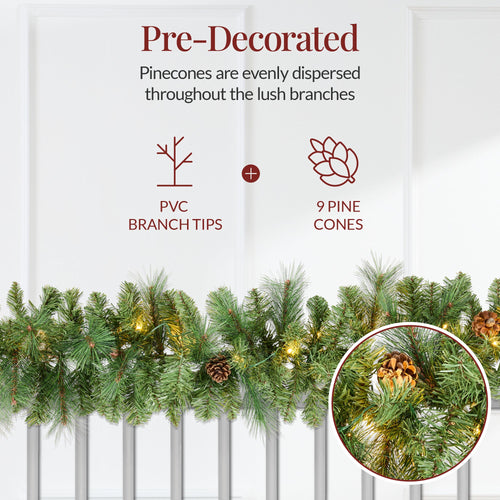 9ft Pre-Lit Christmas Garland w/ 50 Lights, Pine Cones, Berries