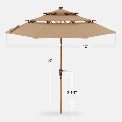 3-Tier Woodgrain Pattern Solar Patio Umbrella, Tilt Adjustment - 10ft
