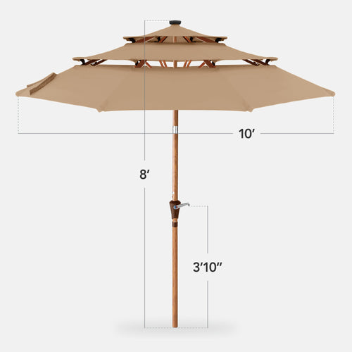 3-Tier Woodgrain Pattern Solar Patio Umbrella, Tilt Adjustment - 10ft
