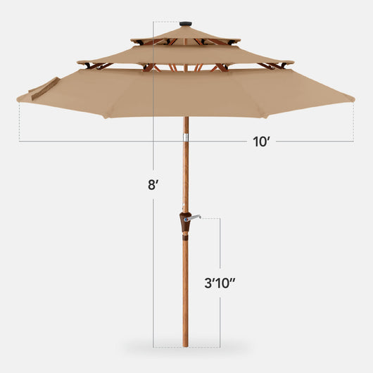 3-Tier Woodgrain Pattern Solar Patio Umbrella, Tilt Adjustment - 10ft