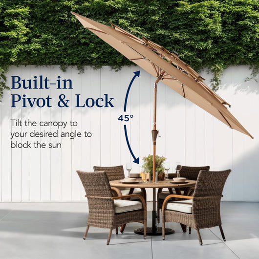 3-Tier Woodgrain Pattern Solar Patio Umbrella, Tilt Adjustment - 10ft