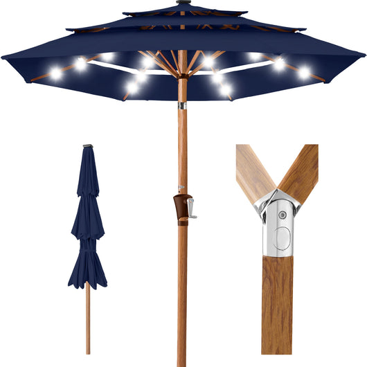 3-Tier Woodgrain Pattern Solar Patio Umbrella, Tilt Adjustment - 10ft