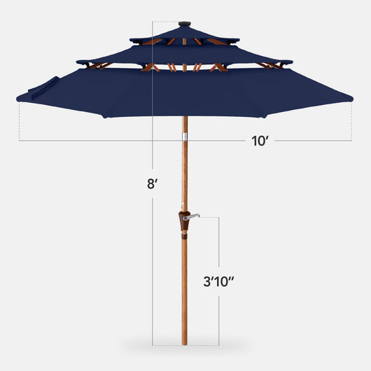 3-Tier Woodgrain Pattern Solar Patio Umbrella, Tilt Adjustment - 10ft
