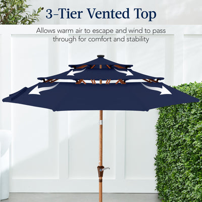 3-Tier Woodgrain Pattern Solar Patio Umbrella, Tilt Adjustment - 10ft
