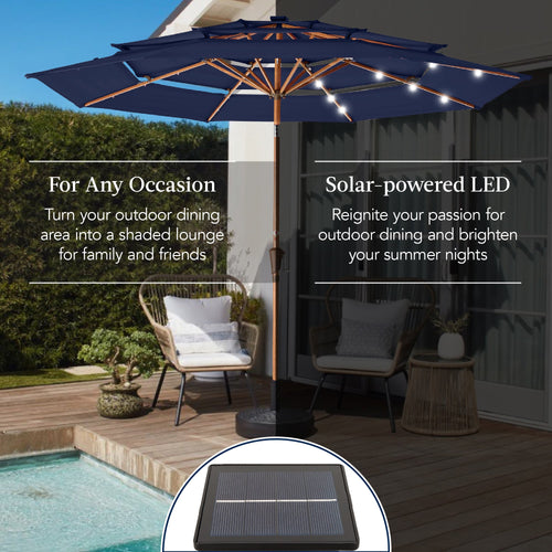 3-Tier Woodgrain Pattern Solar Patio Umbrella, Tilt Adjustment - 10ft
