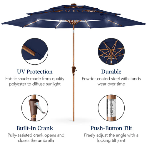 3-Tier Woodgrain Pattern Solar Patio Umbrella, Tilt Adjustment - 10ft