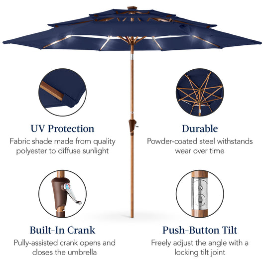 3-Tier Woodgrain Pattern Solar Patio Umbrella, Tilt Adjustment - 10ft