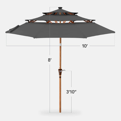 3-Tier Woodgrain Pattern Solar Patio Umbrella, Tilt Adjustment - 10ft