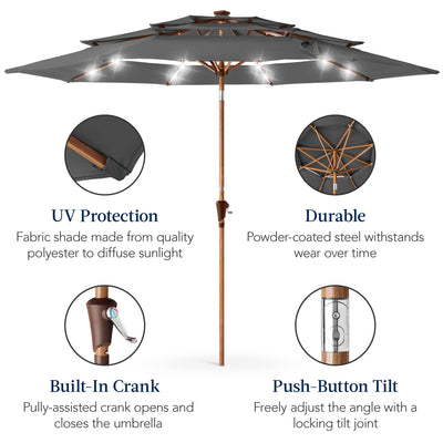 3-Tier Woodgrain Pattern Solar Patio Umbrella, Tilt Adjustment - 10ft