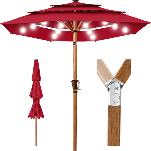 3-Tier Woodgrain Pattern Solar Patio Umbrella, Tilt Adjustment - 10ft