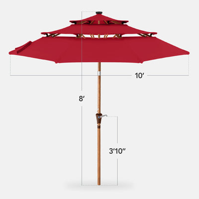 3-Tier Woodgrain Pattern Solar Patio Umbrella, Tilt Adjustment - 10ft
