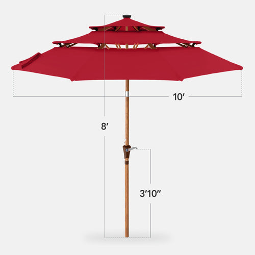 3-Tier Woodgrain Pattern Solar Patio Umbrella, Tilt Adjustment - 10ft