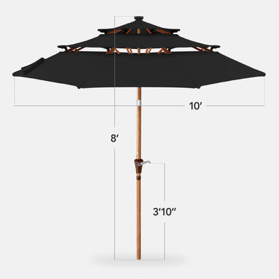 3-Tier Woodgrain Pattern Solar Patio Umbrella, Tilt Adjustment - 10ft