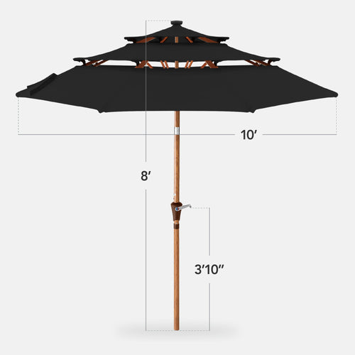 3-Tier Woodgrain Pattern Solar Patio Umbrella, Tilt Adjustment - 10ft