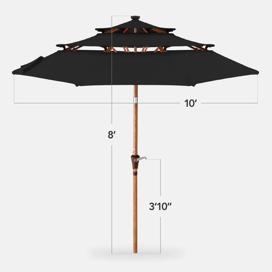 3-Tier Woodgrain Pattern Solar Patio Umbrella, Tilt Adjustment - 10ft