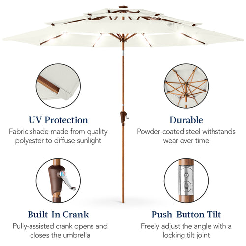 3-Tier Woodgrain Pattern Solar Patio Umbrella, Tilt Adjustment - 10ft