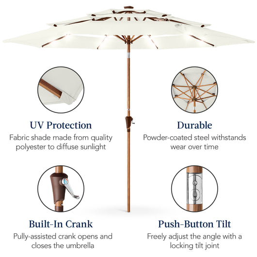 3-Tier Woodgrain Pattern Solar Patio Umbrella, Tilt Adjustment - 10ft