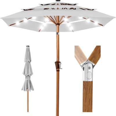 3-Tier Woodgrain Pattern Solar Patio Umbrella, Tilt Adjustment - 10ft