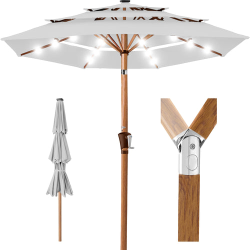 3-Tier Woodgrain Pattern Solar Patio Umbrella, Tilt Adjustment - 10ft
