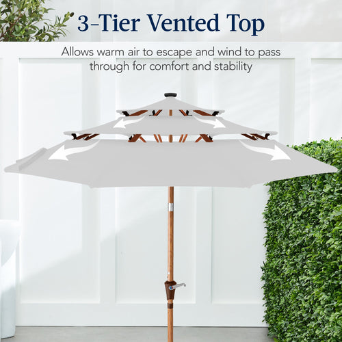 3-Tier Woodgrain Pattern Solar Patio Umbrella, Tilt Adjustment - 10ft
