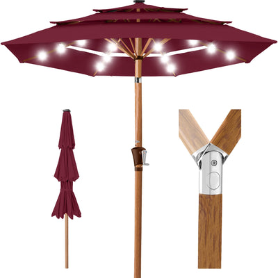 3-Tier Woodgrain Pattern Solar Patio Umbrella, Tilt Adjustment - 10ft