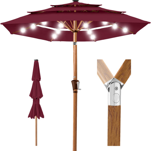3-Tier Woodgrain Pattern Solar Patio Umbrella, Tilt Adjustment - 10ft