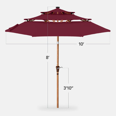 3-Tier Woodgrain Pattern Solar Patio Umbrella, Tilt Adjustment - 10ft