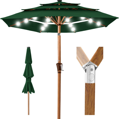 3-Tier Woodgrain Pattern Solar Patio Umbrella, Tilt Adjustment - 10ft