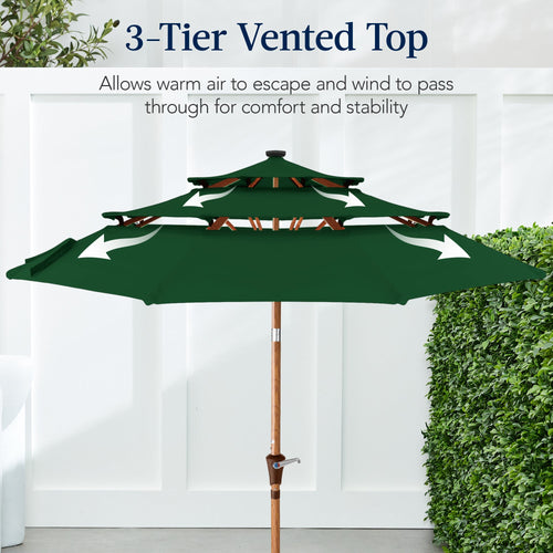 3-Tier Woodgrain Pattern Solar Patio Umbrella, Tilt Adjustment - 10ft