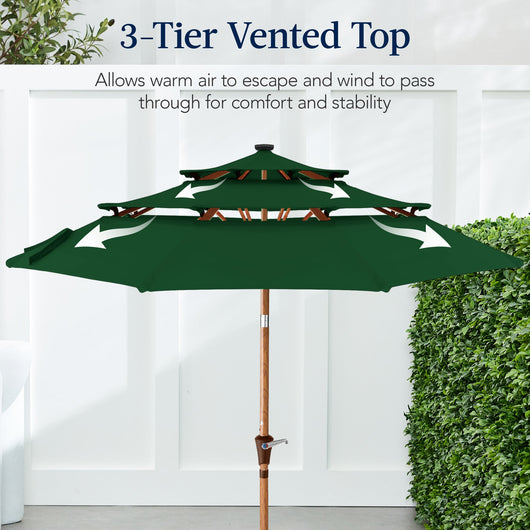 3-Tier Woodgrain Pattern Solar Patio Umbrella, Tilt Adjustment - 10ft