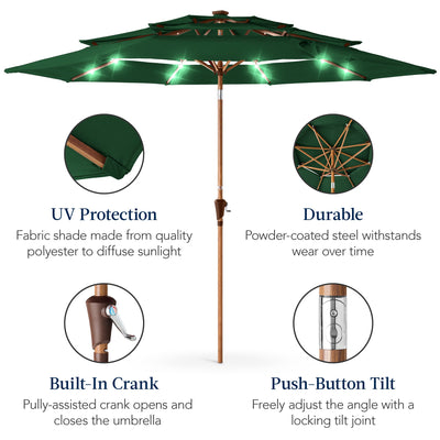 3-Tier Woodgrain Pattern Solar Patio Umbrella, Tilt Adjustment - 10ft