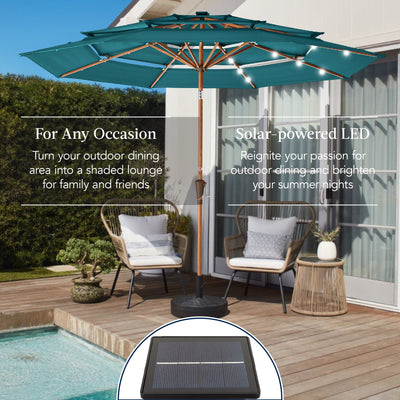 3-Tier Woodgrain Pattern Solar Patio Umbrella, Tilt Adjustment - 10ft