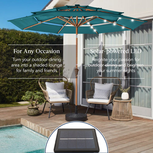 3-Tier Woodgrain Pattern Solar Patio Umbrella, Tilt Adjustment - 10ft