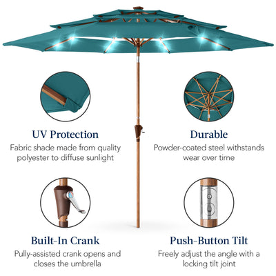 3-Tier Woodgrain Pattern Solar Patio Umbrella, Tilt Adjustment - 10ft