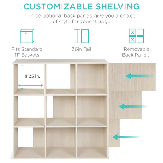 9-Cube Bookshelf Storage Display w/ 3 Removable Panels, Customizable Design