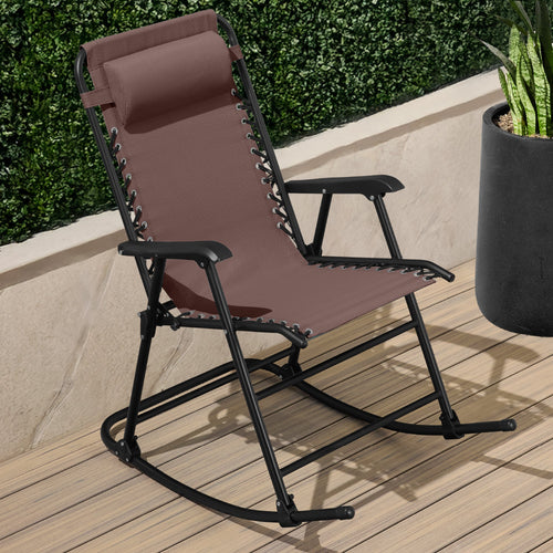 Folding Outdoor Zero Gravity Rocking Lounge Chair w/ Headrest Pillow