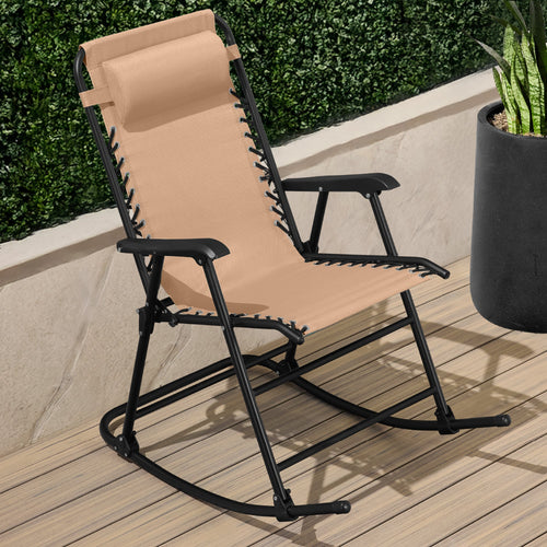 Folding Outdoor Zero Gravity Rocking Lounge Chair w/ Headrest Pillow