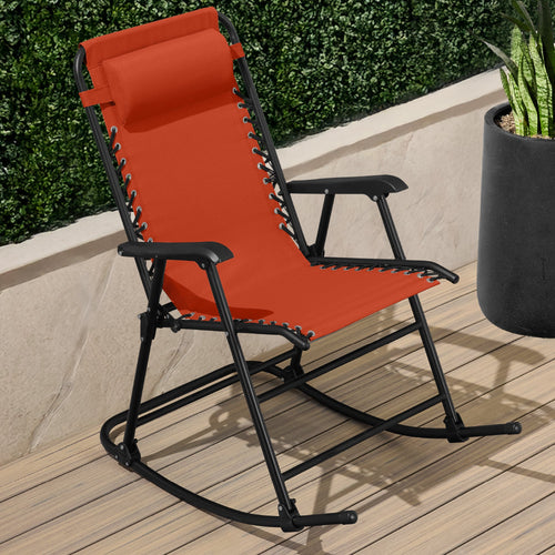 Folding Outdoor Zero Gravity Rocking Lounge Chair w/ Headrest Pillow