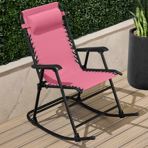 Folding Outdoor Zero Gravity Rocking Lounge Chair w/ Headrest Pillow