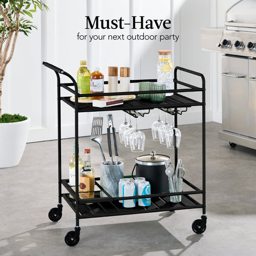 2-Tier Rolling Bar Cart Indoor/Outdoor w/ Shelves, Wine Rack, Locking Wheels