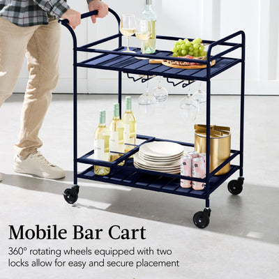 2-Tier Rolling Bar Cart Indoor/Outdoor w/ Shelves, Wine Rack, Locking Wheels
