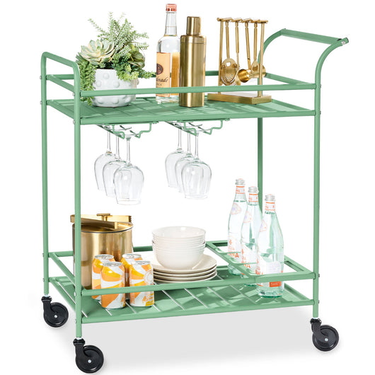 2-Tier Rolling Bar Cart Indoor/Outdoor w/ Shelves, Wine Rack, Locking Wheels