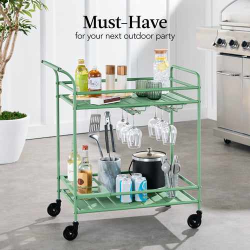 2-Tier Rolling Bar Cart Indoor/Outdoor w/ Shelves, Wine Rack, Locking Wheels