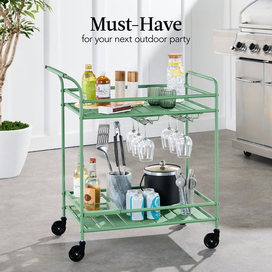 2-Tier Rolling Bar Cart Indoor/Outdoor w/ Shelves, Wine Rack, Locking Wheels